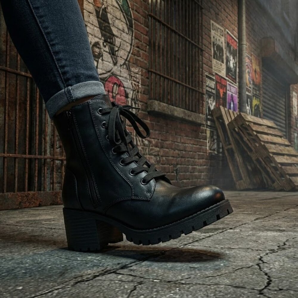 NWT Bamboo Black Lace-Up Combat Boots | Chunky Platform Lug Sole Moto Bootie